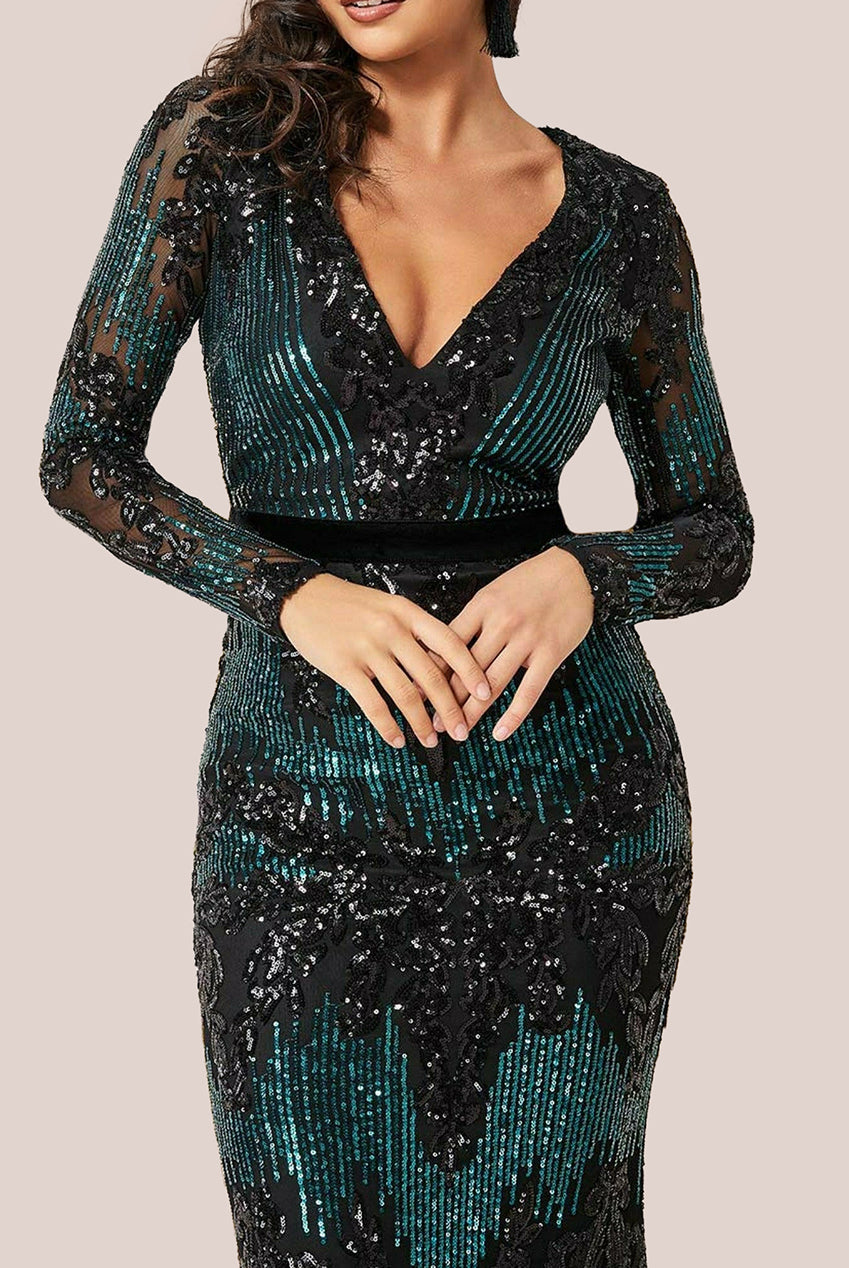 Long Sleeve Sequin Evening Maxi Dress - Emerald DR3016