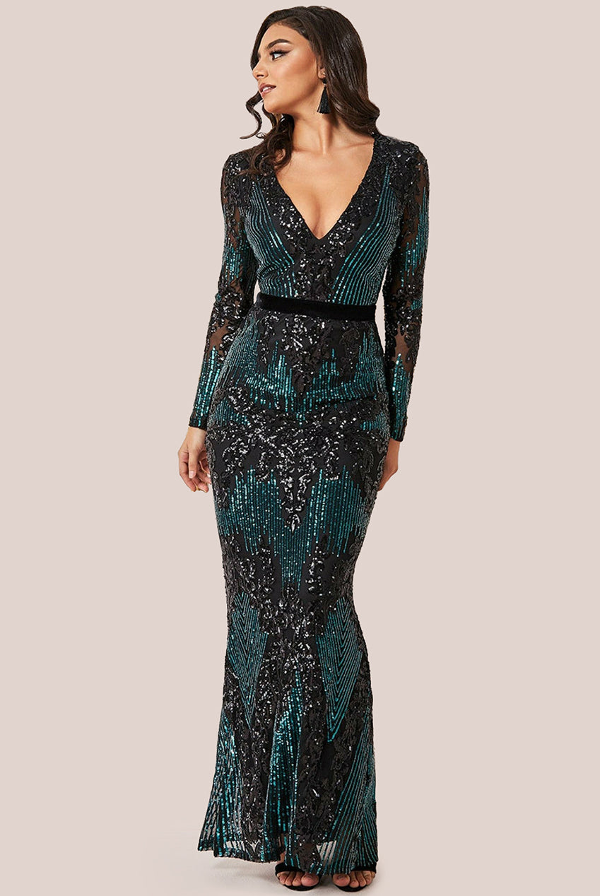 Long Sleeve Sequin Evening Maxi Dress - Emerald DR3016