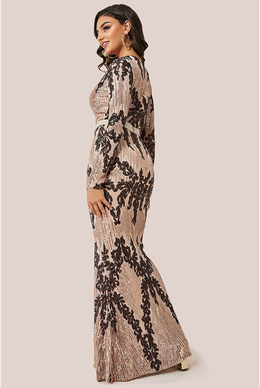 Long Sleeve Sequin Evening Maxi Dress - Champagne DR3016