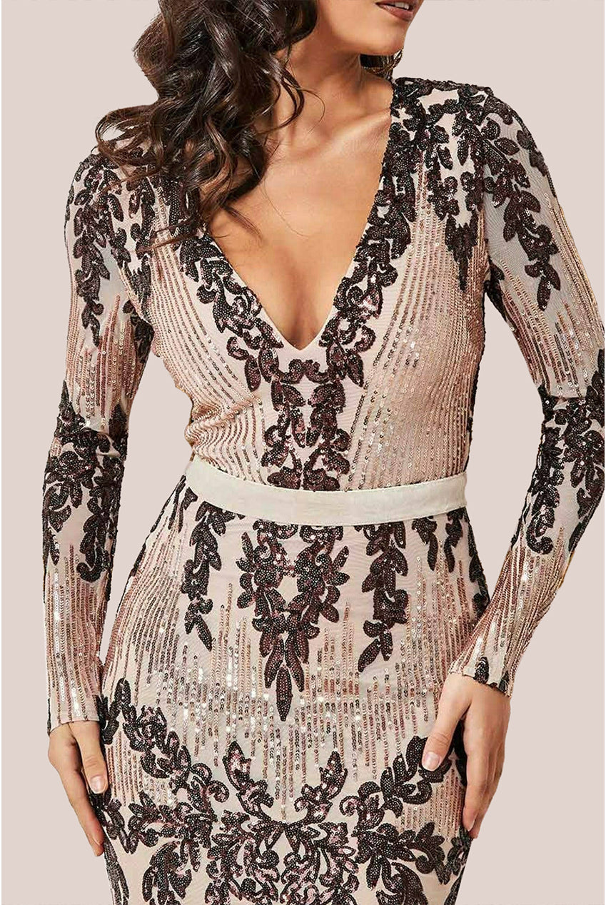 Long Sleeve Sequin Evening Maxi Dress - Champagne DR3016