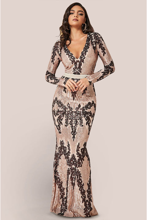 Long Sleeve Sequin Evening Maxi Dress Champagne