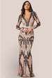 Goddiva Long Sleeve Sequin Evening Maxi Dress - Champagne