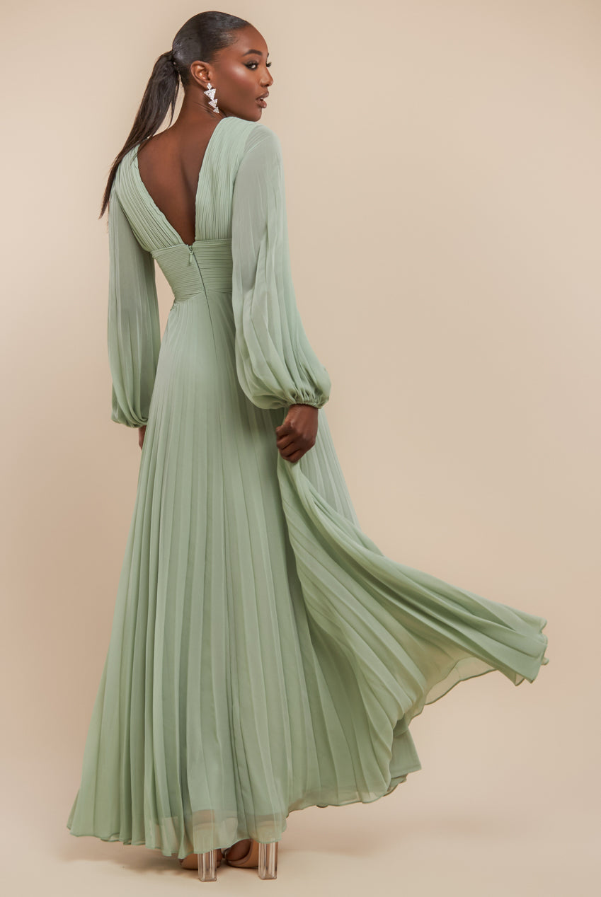 Balloon Sleeve Chiffon Maxi Dress  - Sage Green DR3041QZ