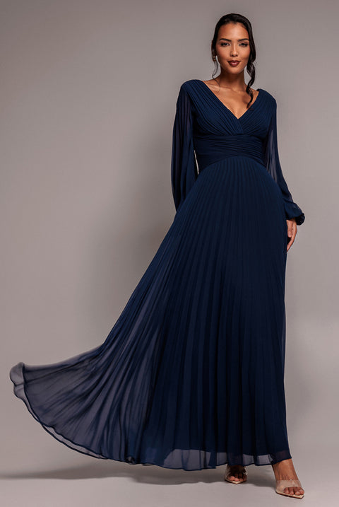 Balloon Sleeve Chiffon Maxi Dress - Navy Blue by Goddiva