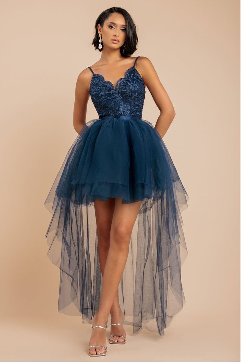 High Low Tulle Mini With Lace Bodice - Navy DR3061