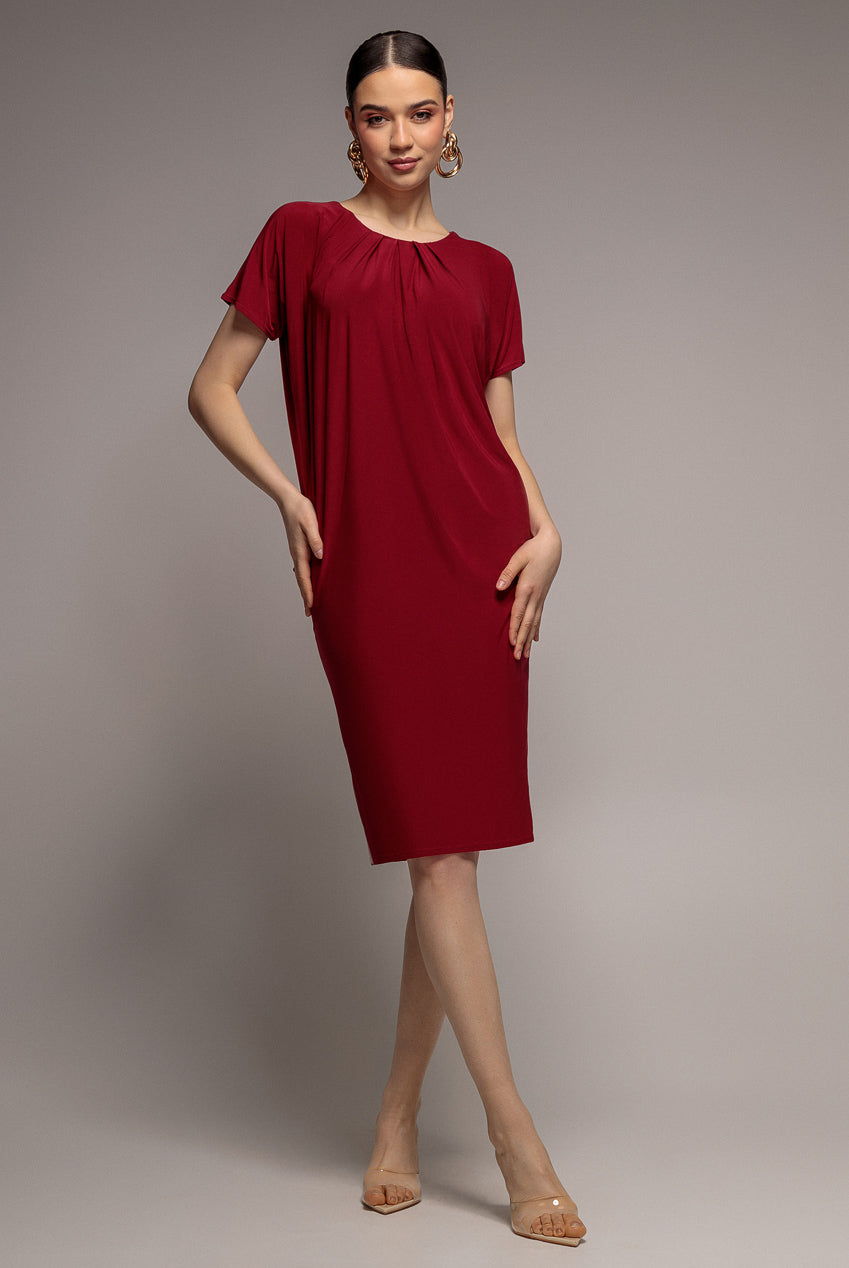 Slouchy Short Sleeve Midi Dress With Round Neck - Wine DR3090