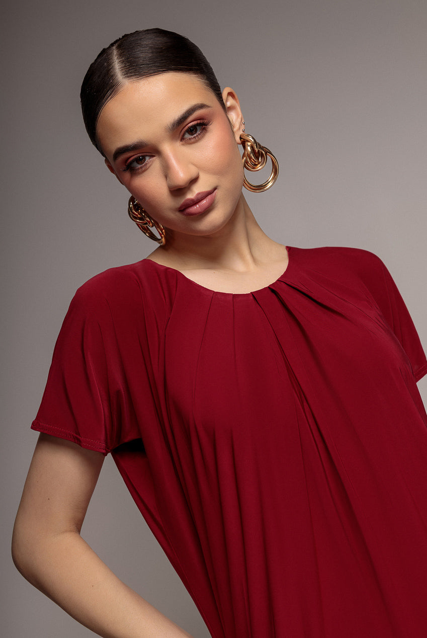 Slouchy Short Sleeve Midi Dress With Round Neck - Wine DR3090