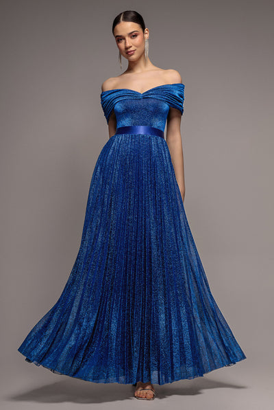 Royal Blue - Bardot Pleated Skirt Maxi Dress - Royalblue by Goddiva