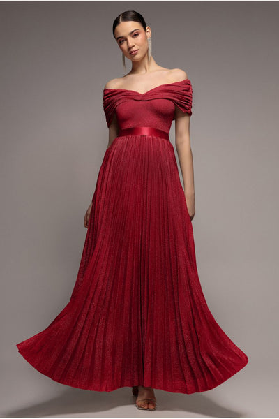 Bardot Pleated Skirt Maxi Dress - Wine by Goddiva