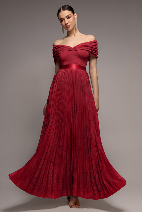 Bardot Pleated Skirt Maxi Dress - Wine by Goddiva