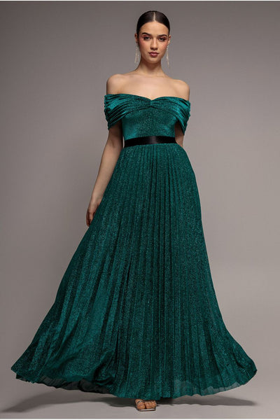 Bardot Pleated Skirt Maxi Dress - Emerald | Goddiva