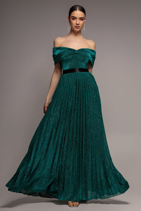 Bardot Pleated Skirt Maxi Dress - Emerald by Goddiva