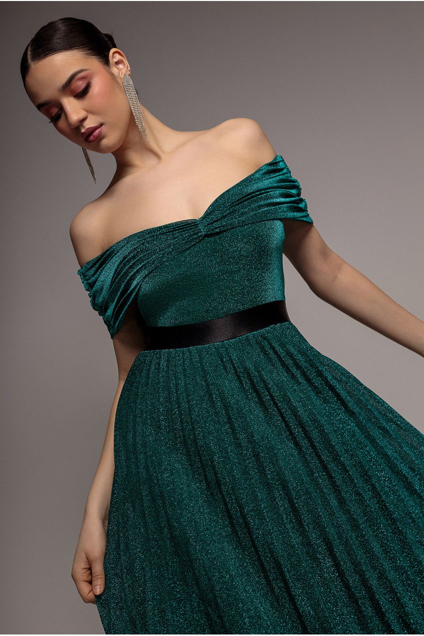 Bardot Pleated Skirt Maxi Dress - Emerald | Goddiva Bardot Pleated Skirt Maxi Dress - Emerald | Goddiva