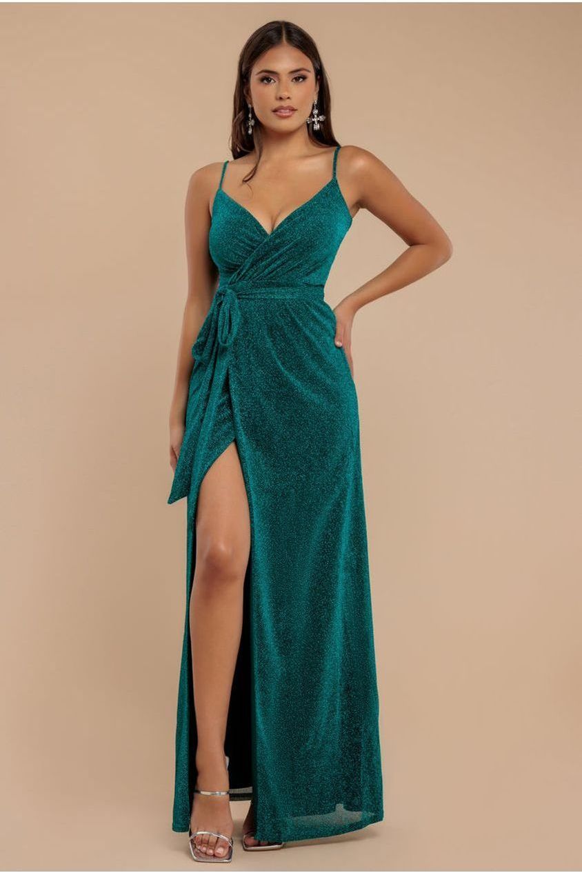 Wrap Style Spaghetti Strap Maxi With Split - Emerald DR3137A