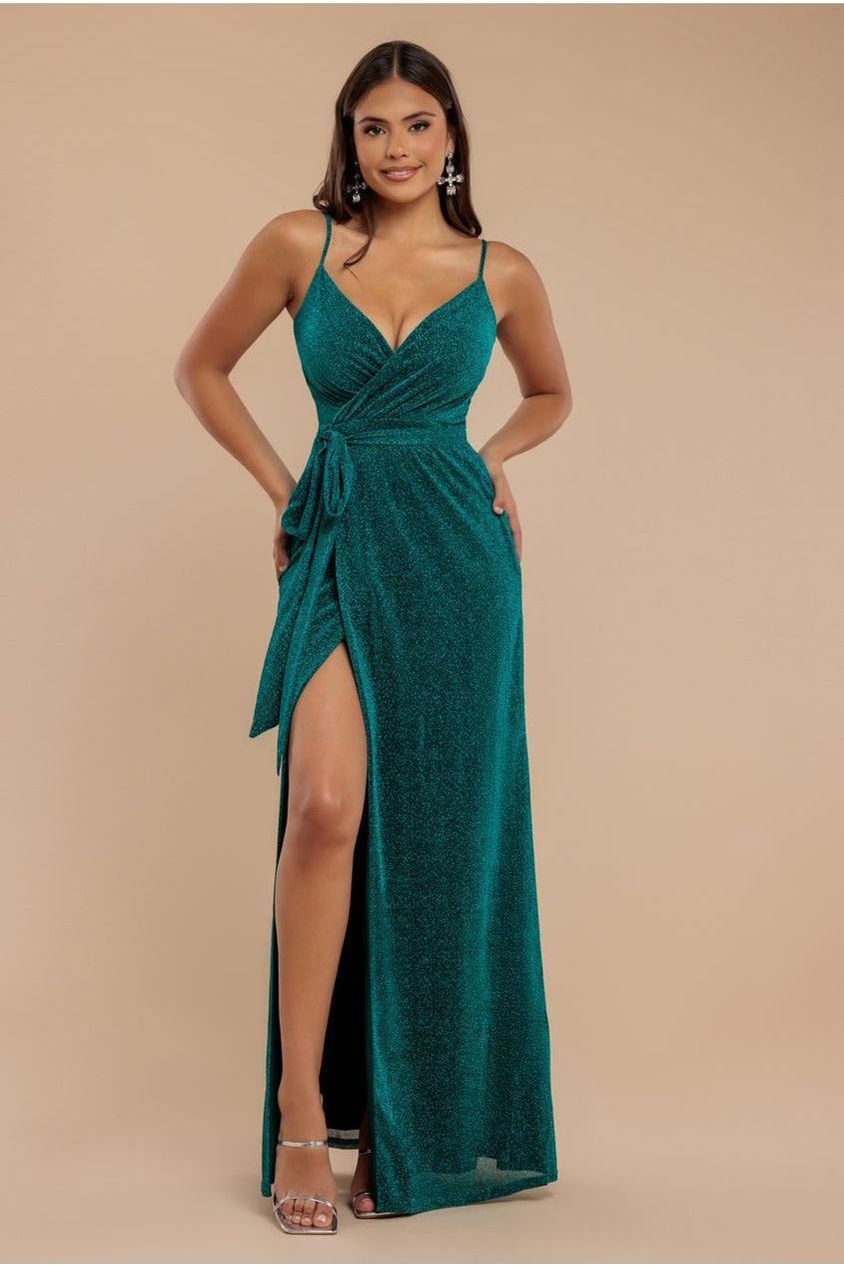 Wrap Style Spaghetti Strap Maxi With Split - Emerald DR3137A