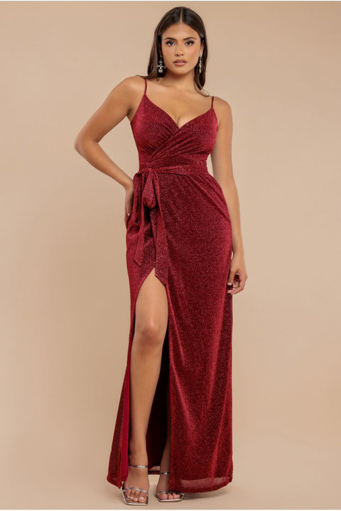 Wrap Style Spaghetti Strap Maxi With Split - Red by Goddiva