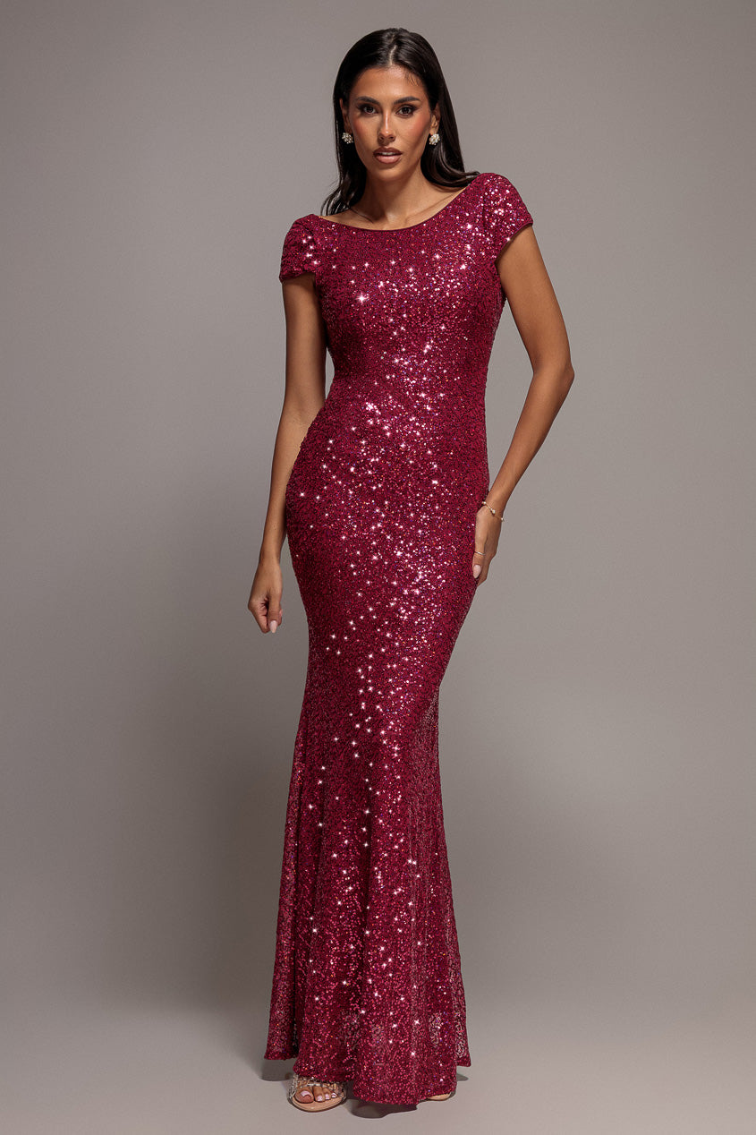 Cowl Back Sequin Maxi - Burgundy DR3191