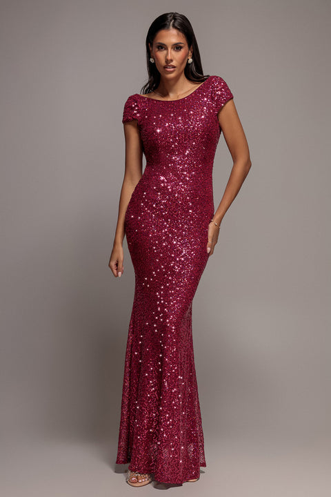 Cowl Back Sequin Maxi - Burgundy by Goddiva