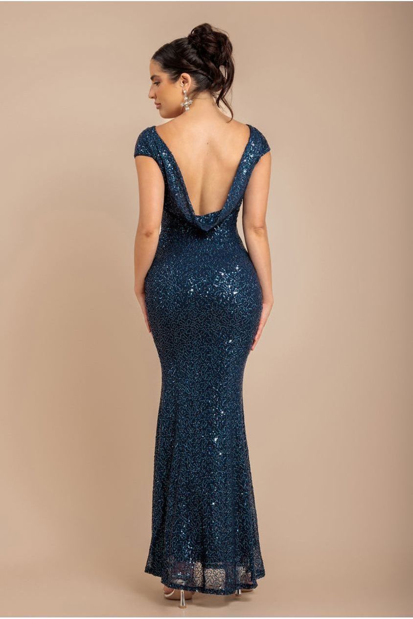 Cowl Back Sequin Maxi Dress - Navy DR3191