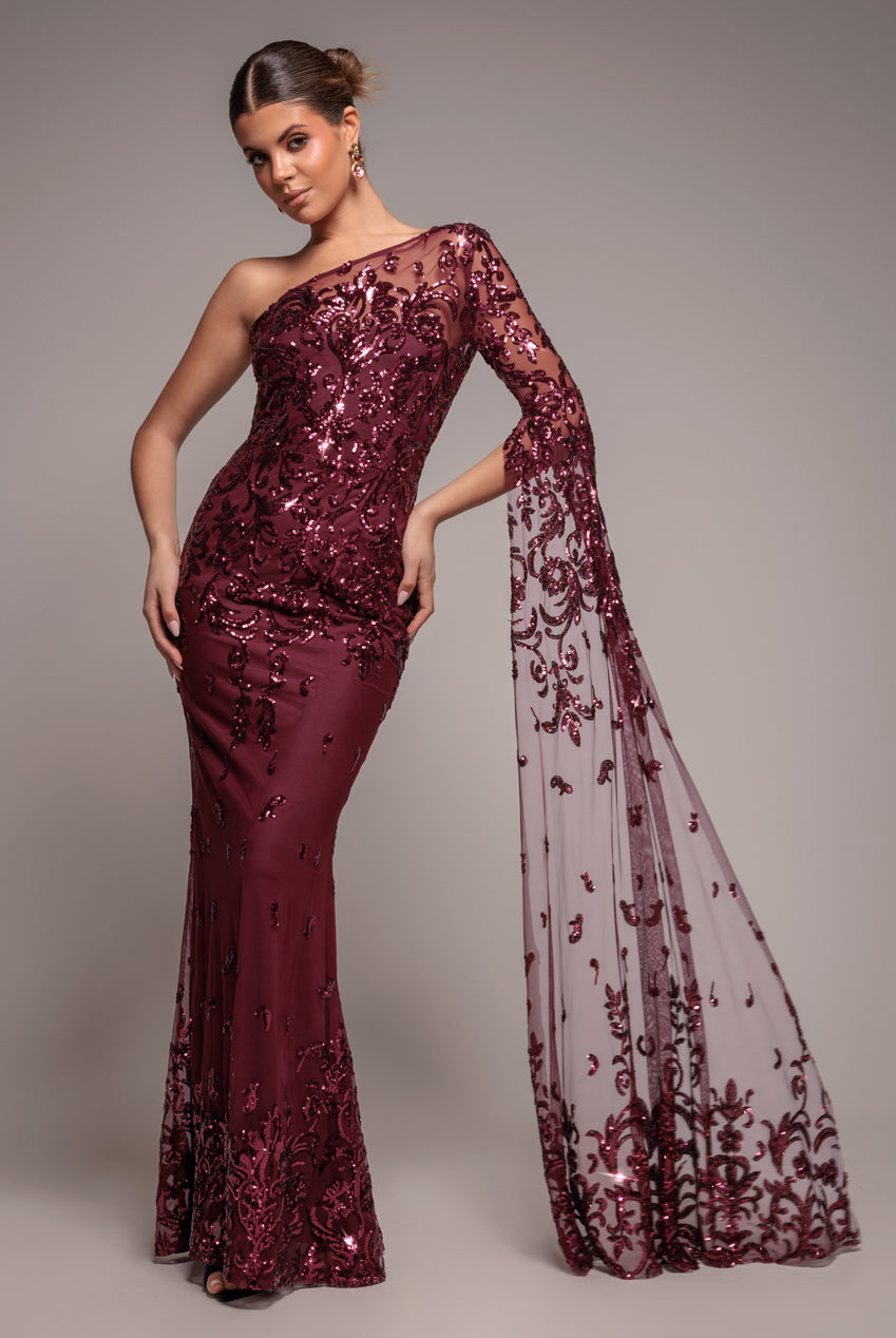Sequin Mesh One Shoulder Evening Maxi - Burgundy DR3195