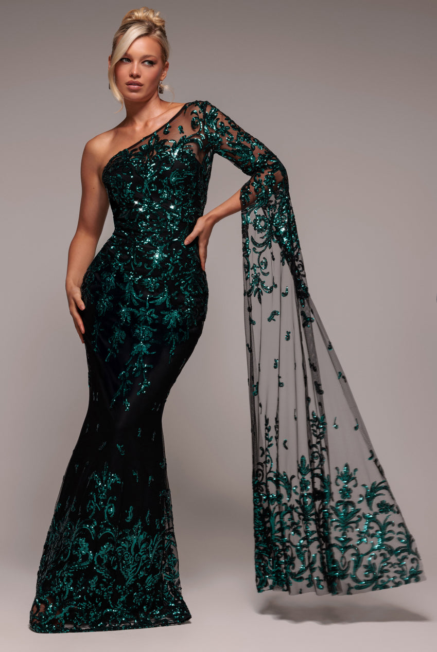 Sequin Mesh One Shoulder Evening Maxi Dress - Emerald Green DR3195