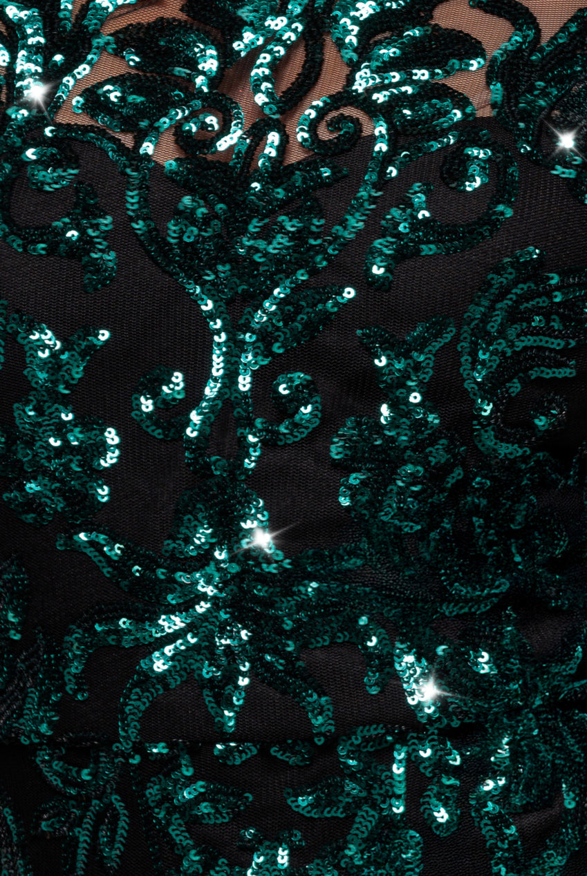 Sequin Mesh One Shoulder Evening Maxi Dress - Emerald Green DR3195