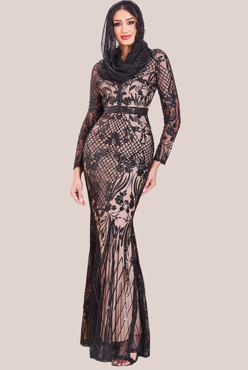 Modesty Sequin Evening Maxi Dress - Black DR3196MOD