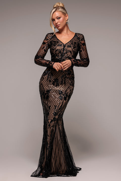 Full Sleeve Sequin Evening Dress - Black by Goddiva