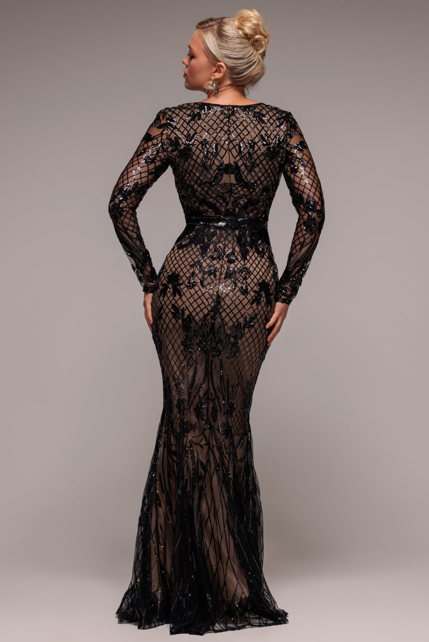 Full Sleeve Sequin Evening Dress - Black DR3196