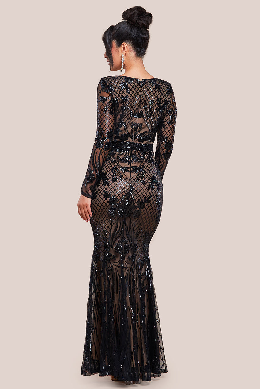 Full Sleeve Sequin Evening Dress - Black DR3196