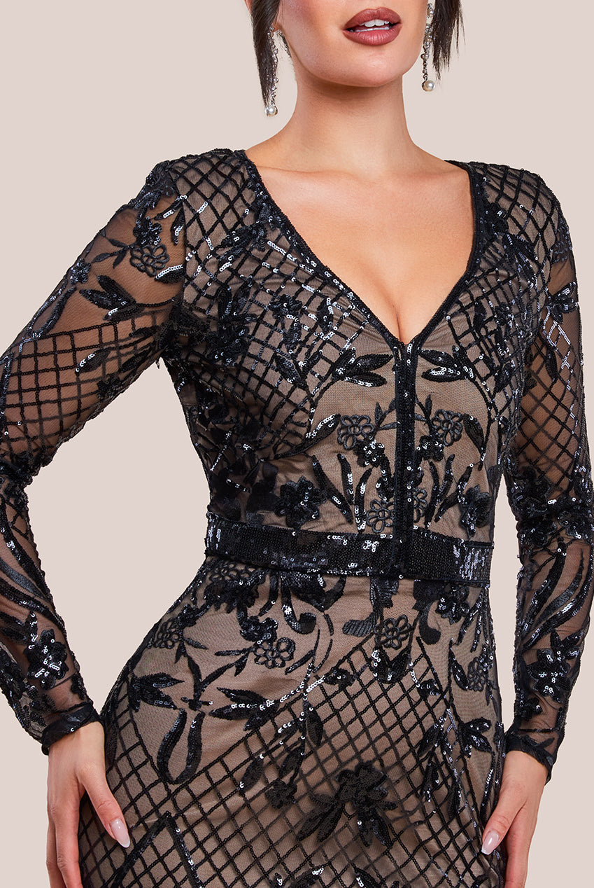 Full Sleeve Sequin Evening Dress - Black DR3196