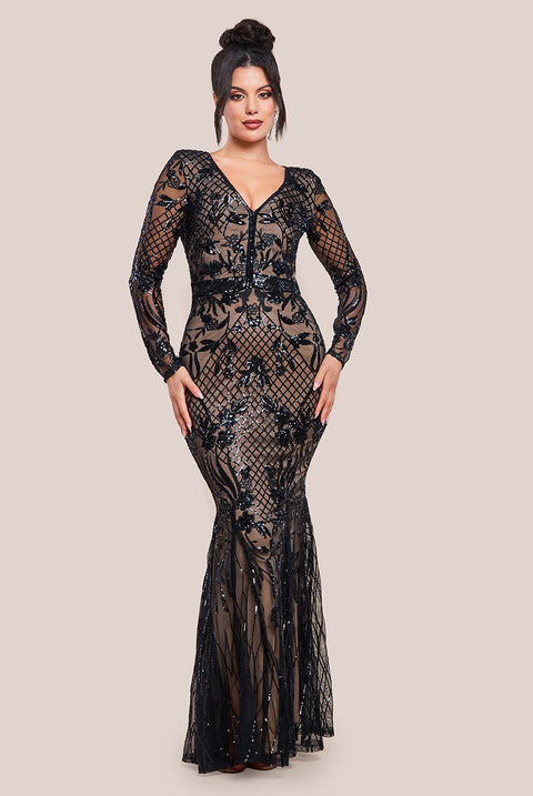 Full Sleeve Sequin Evening Dress - Black DR3196