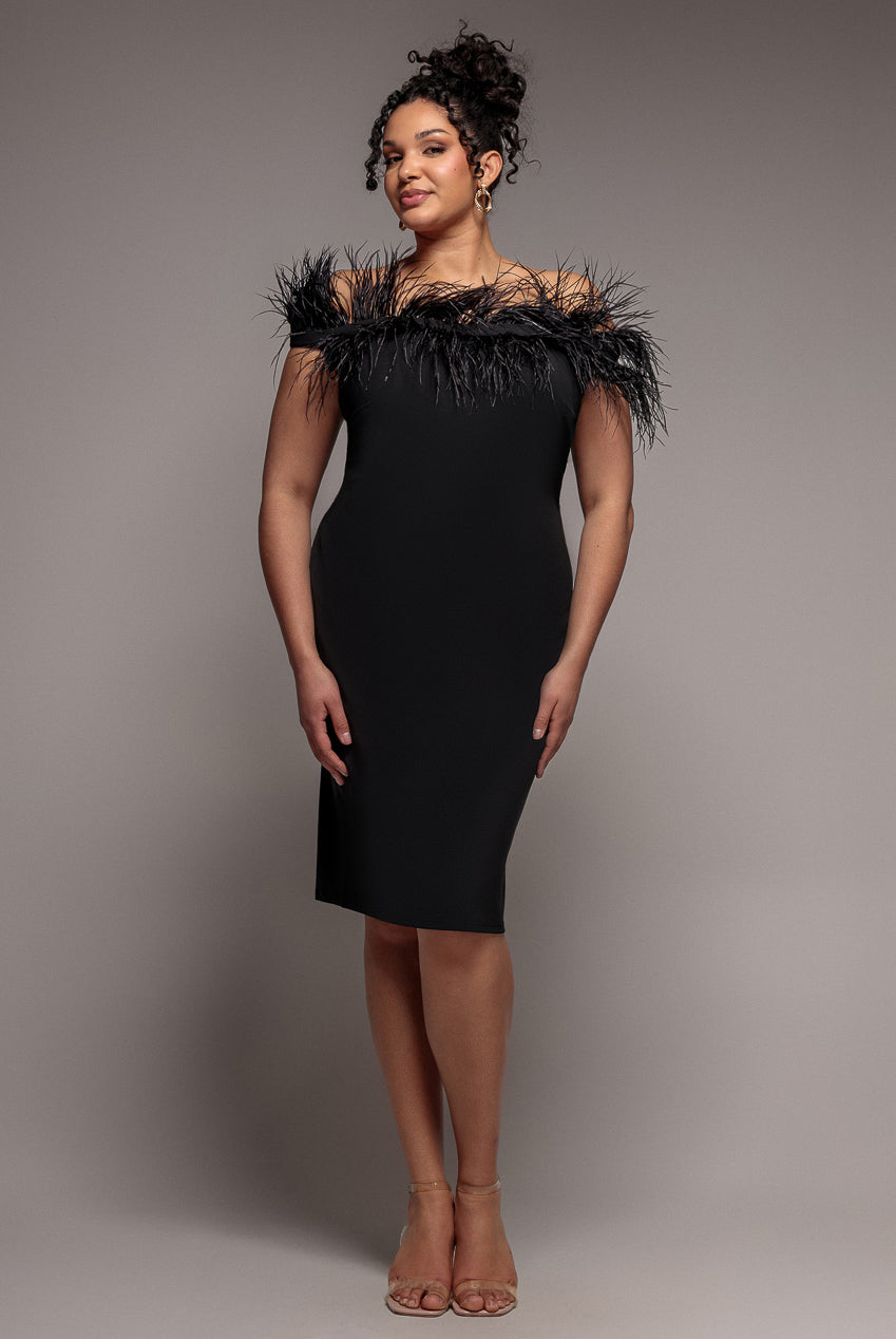 knee length dresses for ladies Off The Shoulder Feather Midi Dress - Black