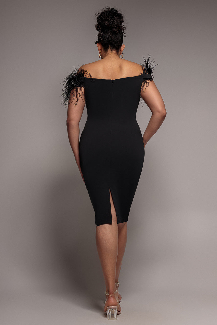 Off The Shoulder Feather Midi Dress - Black | Goddiva Off The Shoulder Feather Midi Dress - Black | Goddiva