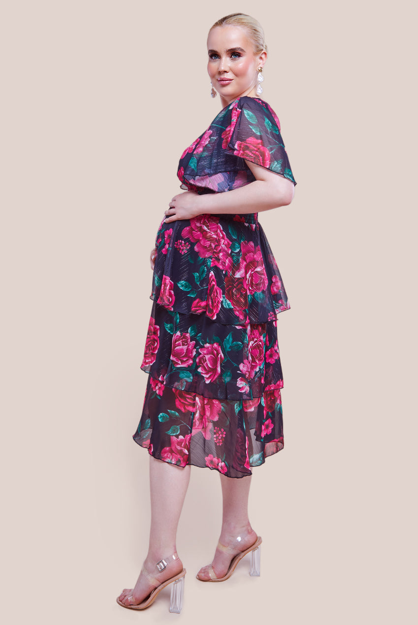 Maternity Layered Floral Midi Dress With Flutter Sleeves - Black Floral DR3219MAT