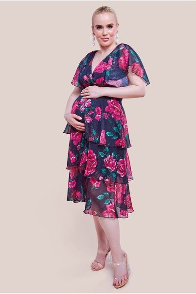Black Floral - Maternity Layered Floral Midi Dress With Flutter Sleeves - Black Floral by Goddiva