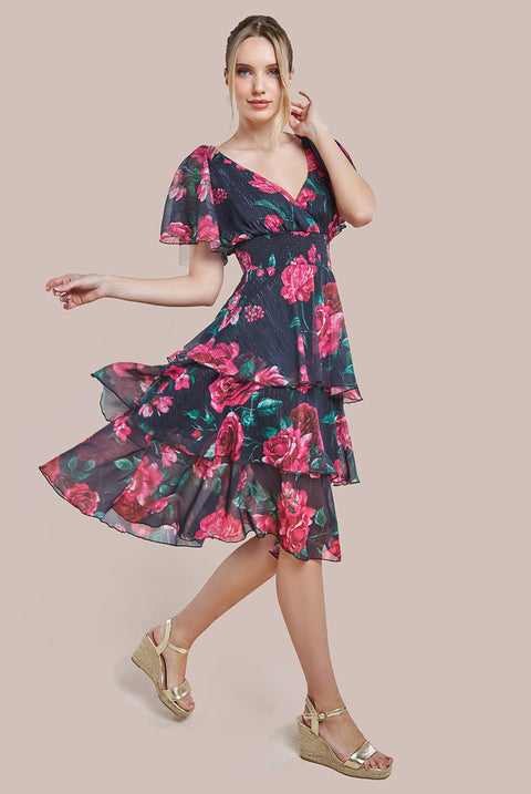 Layered Floral Midi Flutter Sleeves - Blackfloral DR3219QZ