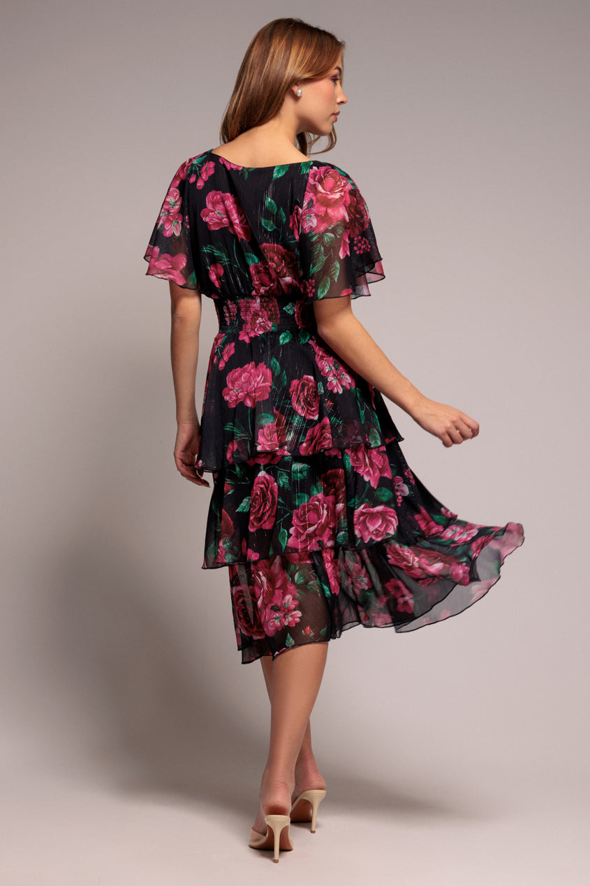 Layered Floral Midi Flutter Sleeves - Blackfloral DR3219QZ