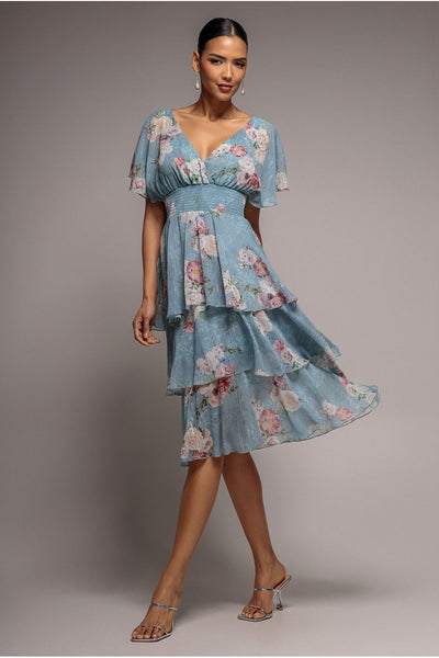 Layered Floral Midi With Flutter Sleeves - Airforce Blue by Goddiva