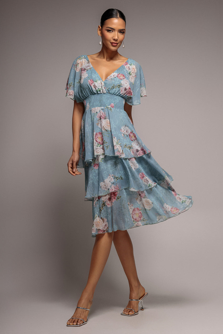 Layered Floral Midi With Flutter Sleeves - Airforce Blue DR3219