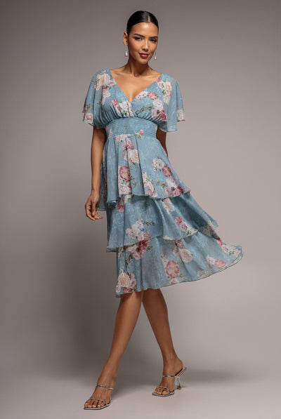 Airforce Blue - Layered Floral Midi With Flutter Sleeves - Airforce Blue by Goddiva