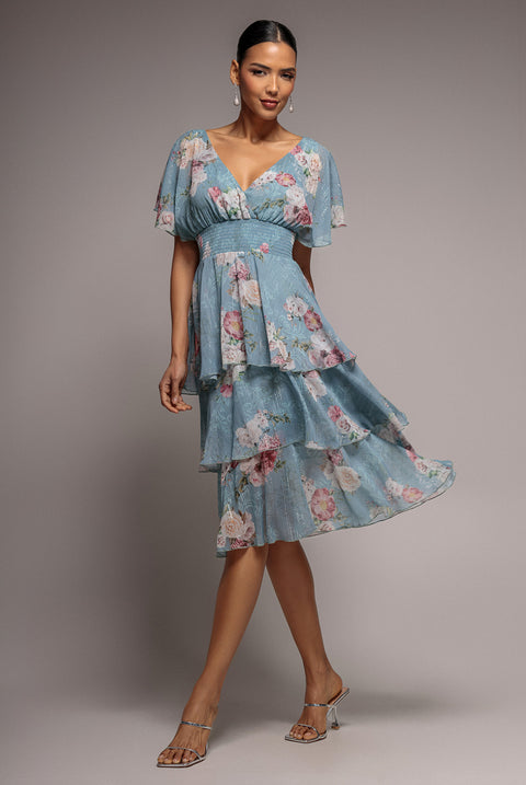 Layered Floral Midi With Flutter Sleeves - Airforce Blue by Goddiva