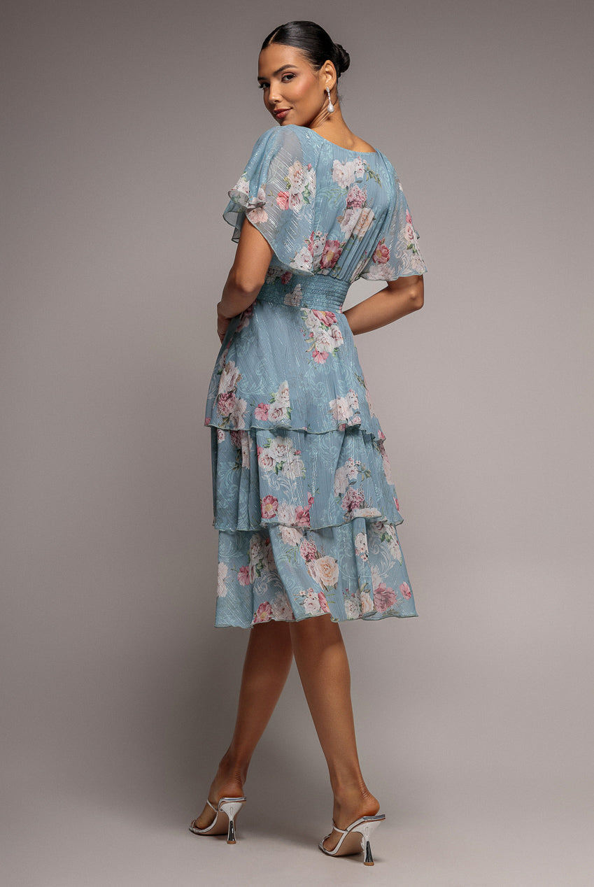 Layered Floral Midi With Flutter Sleeves - Airforce Blue DR3219