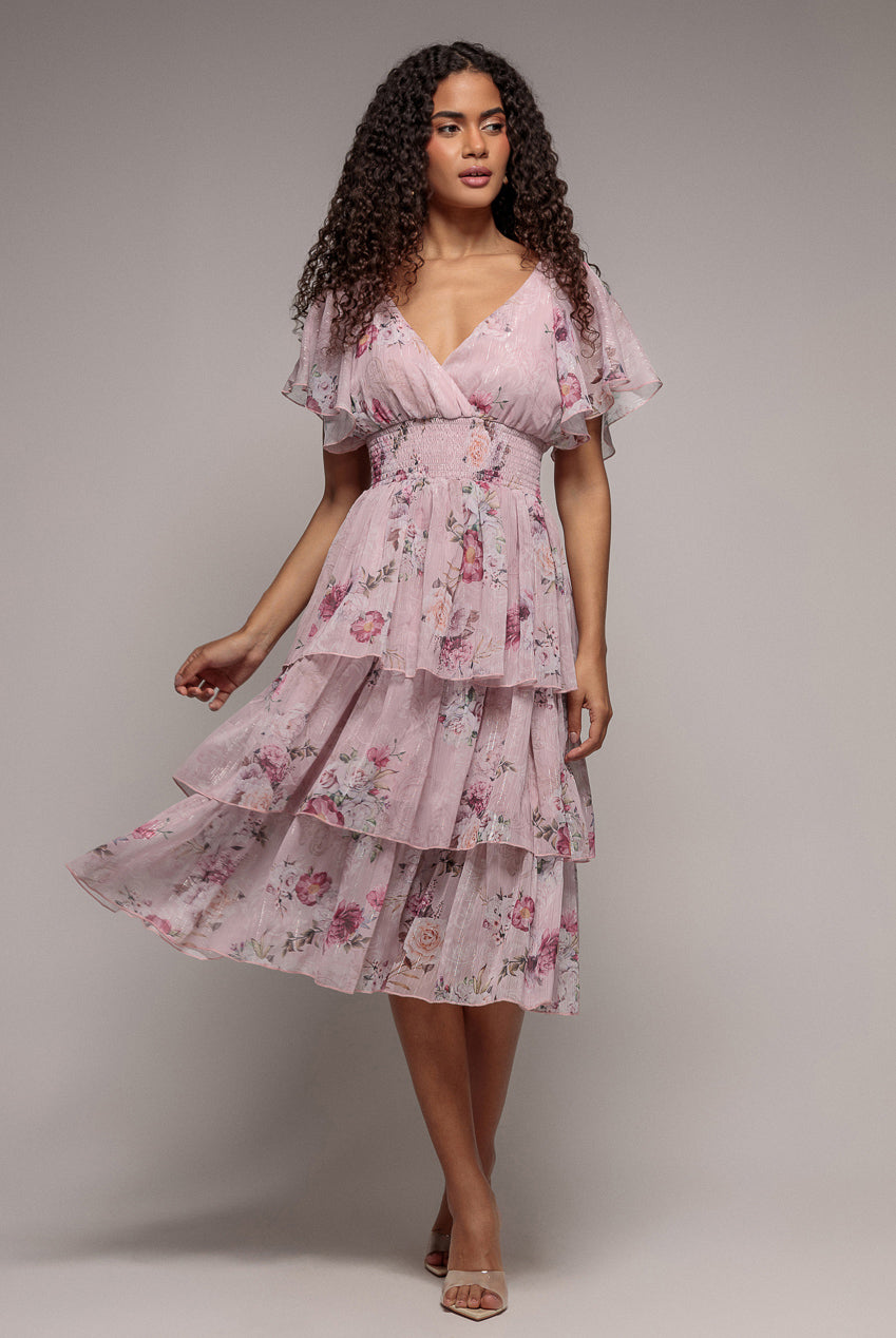 Layered Floral Midi With Flutter Sleeves - Blush DR3219