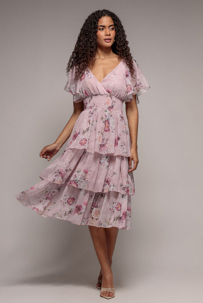 Layered Floral Midi With Flutter Sleeves - Blush by Goddiva