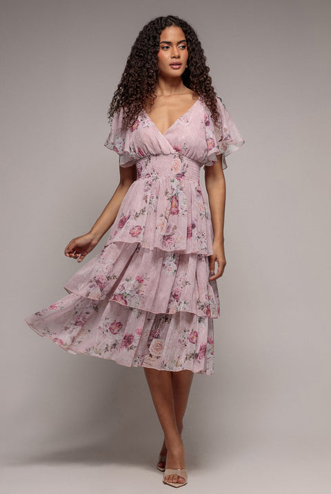Layered Floral Midi With Flutter Sleeves - Blush by Goddiva
