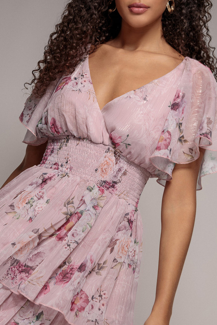 Layered Floral Midi With Flutter Sleeves - Blush DR3219