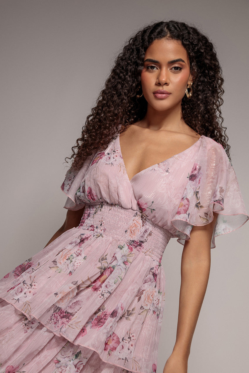 Layered Floral Midi With Flutter Sleeves - Blush DR3219