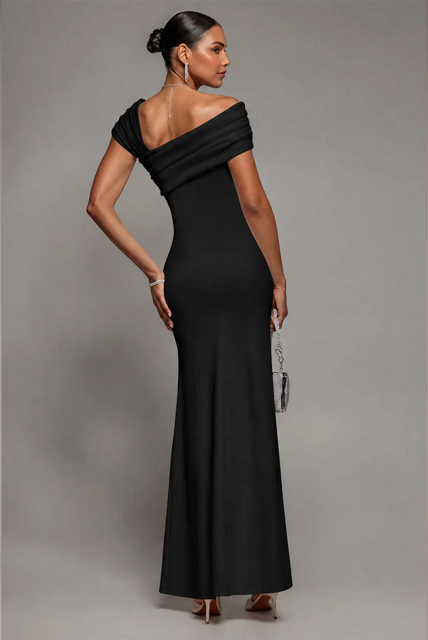 One Shoulder Evening Maxi Dress - Black DR3231