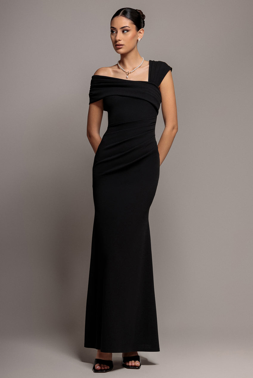 One Shoulder Evening Maxi Dress - Black DR3231